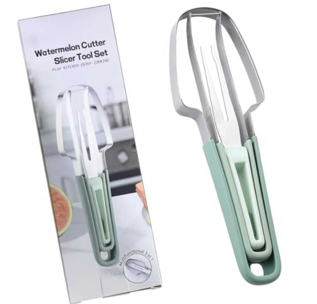 3-in-1 Watermelon Fork Slicer Cutter,Watermelon Cutter Slicer Tool,Stainless Steel Watermelon Windmill Cutter,Melon Cutter Knife Portability Fruit Fork for Kitchen, picnicking (Green) 2 PACK