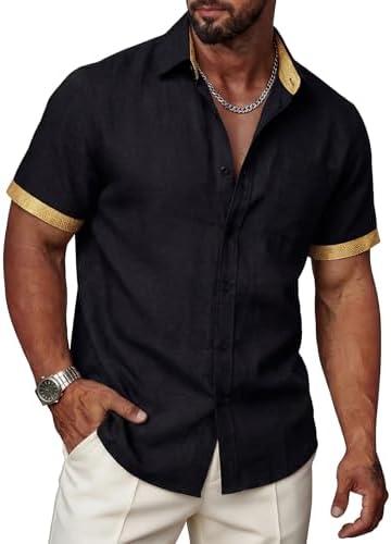 Ailisus Men’s Linen Shirts Short Sleeve Casual Contrast Collar Button Down Shirt for Summer Holiday Beach Shirt with Pocket, Small