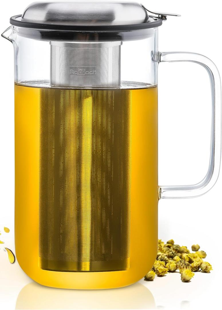 Aquach 51oz Glass Teapot with Stainless Steel Removable Infuser, Stovetop & Dishwasher Safe, Ideal for Loose & Blooming Tea Brewing (51 fluid ounces without Thermometer)