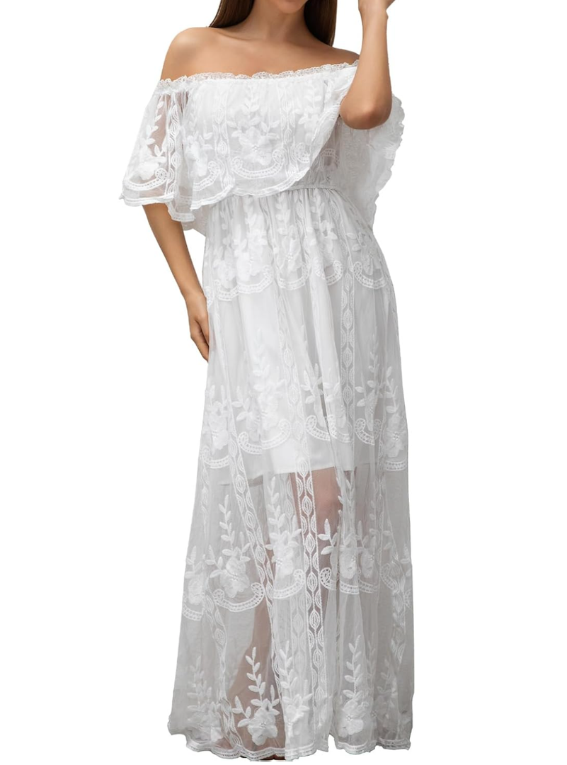 HOYISHION Women's Off The Shoulder Floral Lace Maxi Dress White Bridesmaid Wedding Party Maternity Photoshoot Long Dresses, Size XL