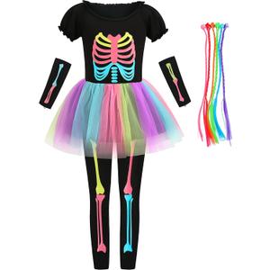 LMYOVE Kids Glow in The Dark Girl Skeleton Costume, Punk Bones Tutu Dress for Girls Halloween Party Dress Up (11-12Y)