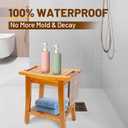 16" Compact Teak Shower Bench with Shelf & Handle, Solid Premium Teak Shower Stool, Durable Waterproof Seat for Inside Shower, Teak Wood Bench for Bathroom, Indoor & Outdoor Use