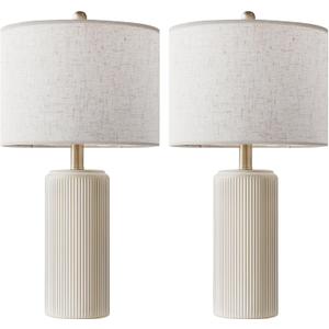 Ceramic Table Lamp Set of 2, 23 Inch 3-Level Dimmable Bedside Lamps with Linen Shade, Farmhouse Nightstand Lamps for Bedroom Living Room, Rustic White Desk Lamp, LED Bulb Included