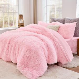 Sasttie 3-Piece Fluffy Duvet Cover Queen, Ultra Soft Faux Fur and Velvet Pink Comforter Cover, Luxury Fuzzy Bedding Sets for Winter Bed, Includes 1 Duvet Cover and 2 Pillowcases, No Comforter