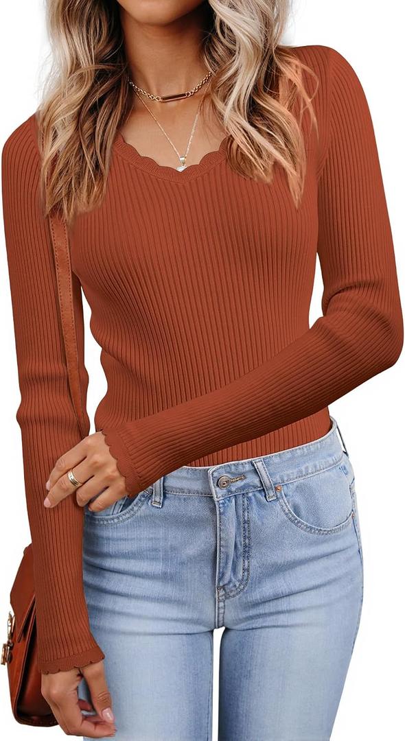 LUXVEER Women's V Neck Scalloped Sweaters Long Sleeve Ligheweight Shirts 2026 Fall Fashion Knitted Tops XL