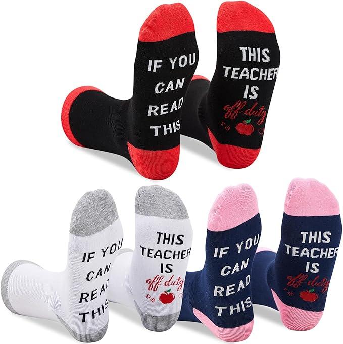 Best Teacher Ever Socks “This Teacher Is Off Duty” Sole Women's One Size 6 - 11 (Pack Of 4 Pairs)