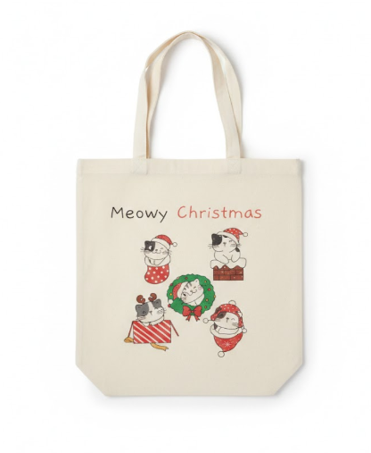 Canvas Tote Bag For Women, Сat tote bag, Meowy christmas, holiday tote, christmas tote bag, funny christmas gift, christmas gift