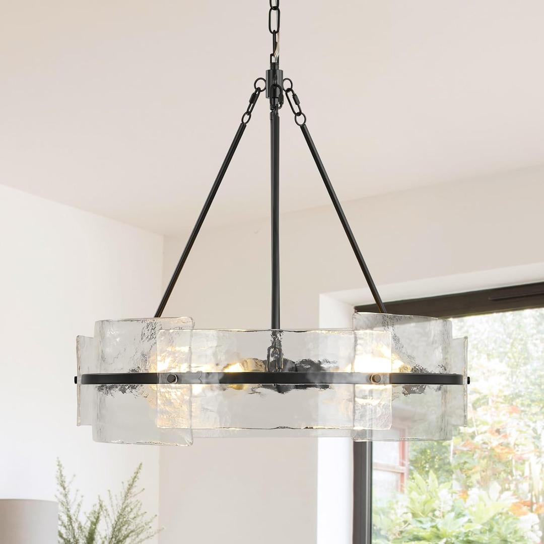 Black Farmhouse Chandeliers for Dining Room: 22" Drum Glass Kitchen Chandelier Over Table - Modern Luxury Crystal Hanging Light Fixtures - Vintage Large Pendant Lights for Living Room Hallway Bedroom