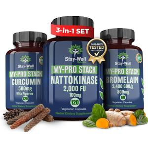 Spike Protein Supplement | Nattokinase 2000 FU 100mg, Bromelain 500mg, Curcumin 500 mg, 60 Day Supply | Full Protocol of Nattokinase Bromelain Curcumin (3 Bottle Set), Best By: Jan 2027