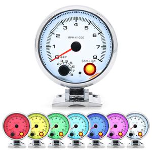 MH 3.75 inch (95mm) Tachometer with Shift Light, 8000 RPM Gauge, 7 Color Backlight Tach AUTO Gauge for 12V Car White Face