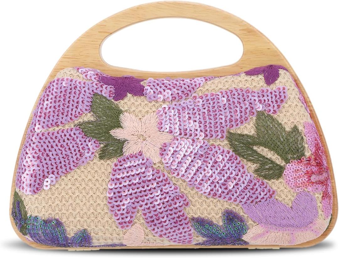 Oweisong Floral Beaded Clutch Purses for Women Summer Embroidery Sequin Handbag Top Handle Evening Bag for Formal
