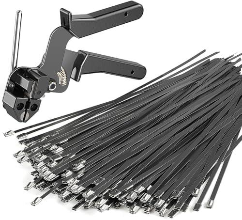 Professional Stainless Steel Cable Tie Gun & 200 Ties for Fence Repair & Vehicle Exhaust - Heavy Duty 304 Metal Zip Ties (11.8 Inch) UV-Resistant with Flush-Cut Technology