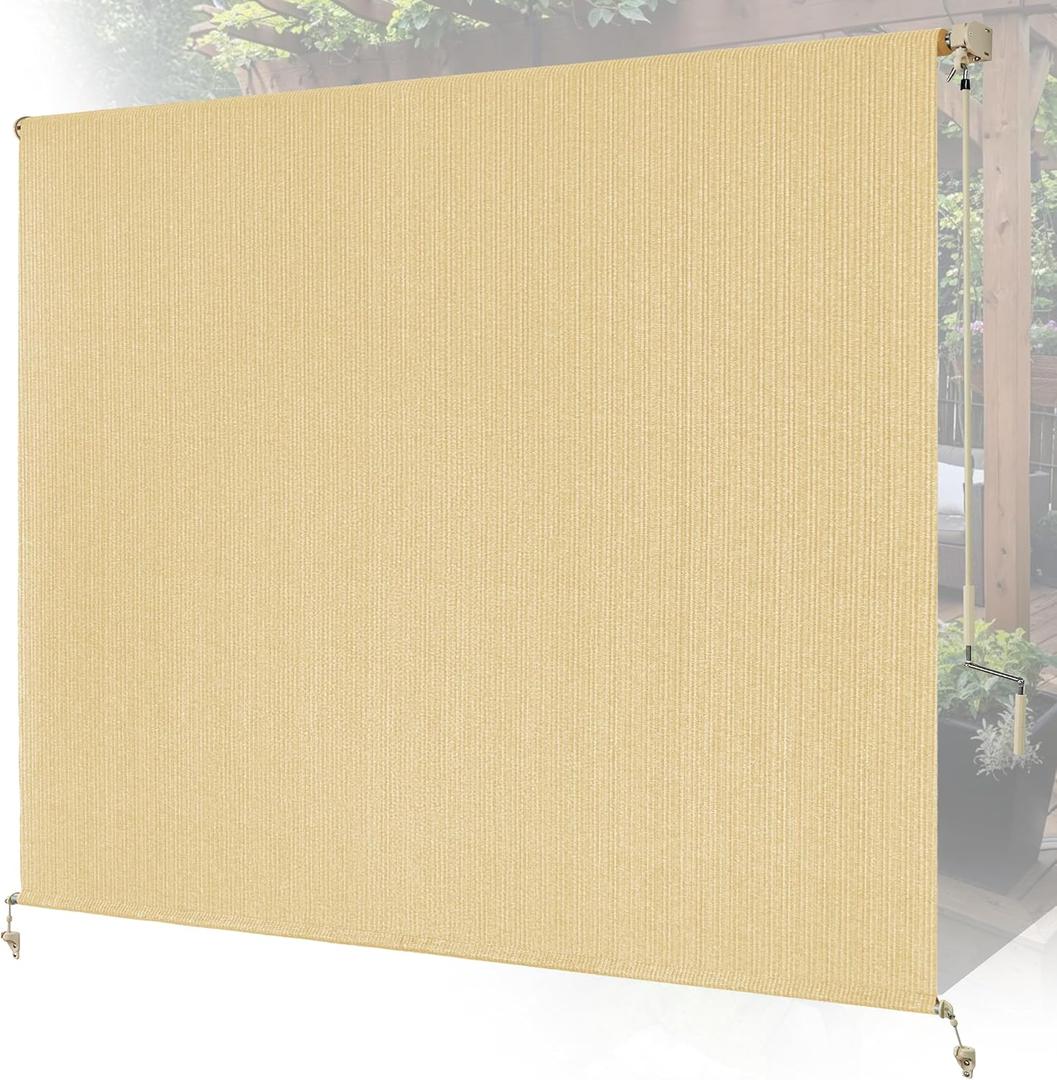 8'W x 8'H Sesame Patio Shades Roll up Outdoor Roller Shade Crank Wand Blind Cordless, 90% UV Blocking & Privacy Protection for Porch|Gazebo|Pergola|Backyard (2 Splicing Tube, 1 Fabric)
