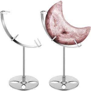 Moxweyeni 2 Pcs Crystal Moon Stand Adjustable Metal Crystal Display Holder Moon Shaped Small Display Easel Stands for Gemstones Geodes Mineral Agate Home Office Decor (Silver)