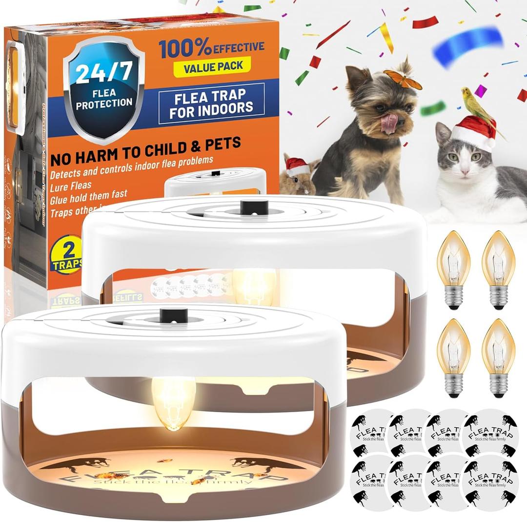 2 Pack Flea Traps for Inside Your Home, Indoor Flea Light, Bed Bug Killer with 8 Sticky Pads & 4 Light Bulbs, Odorless Natural Insect Infestation Treatment Trap for Kid Pet (White Brown)