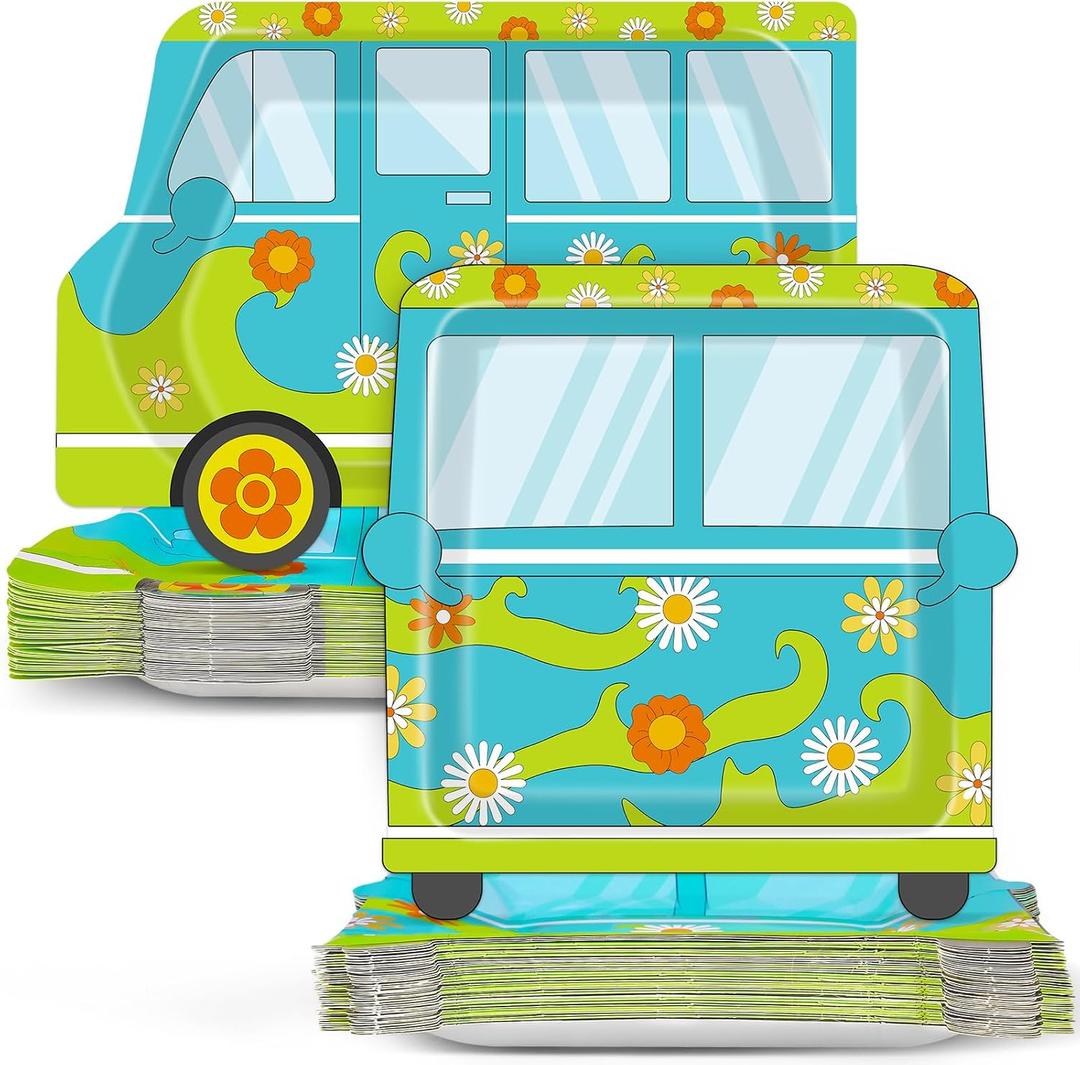 50Pcs Mysterious Car Hippie Party Paper Plates Disposable Cartoon Dog Dinner Plates Groovy Daisy Hippie Tableware Decoration for Kid Boy Baby Shower Classroom Birthday Halloween Treat Party Supplies