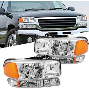Headlights Assembly Replacement for 1999-2006 GMC Sierra 1500 2500, 2000-2006 Yukon Except Denali Model Head lights Headlamp Assembly, Chrome Housing Amber Reflector (Chrome Amber) Headlights Assembly Replacement for 1999-2006 GMC Sierra 1500 2500, 2000-2006 Yukon Except Denali Model Head lights Headlamp Assembly, Chrome Housing Amber Reflector (Chrome Amber)