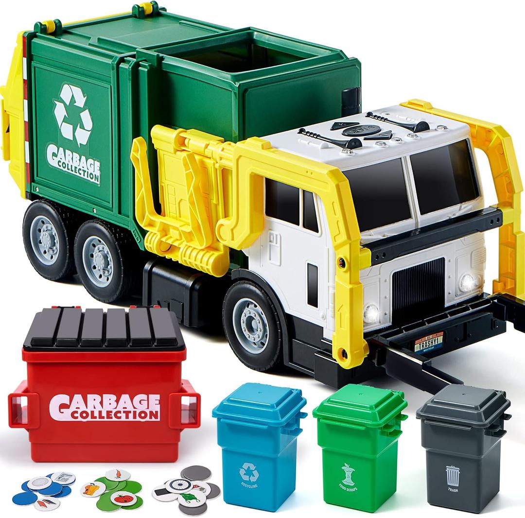 JOYIN Large Friction Powered Garbage Truck Toy Set, Includes Dumpster, Trash Bins, and Learning Cards for Kids (Green)