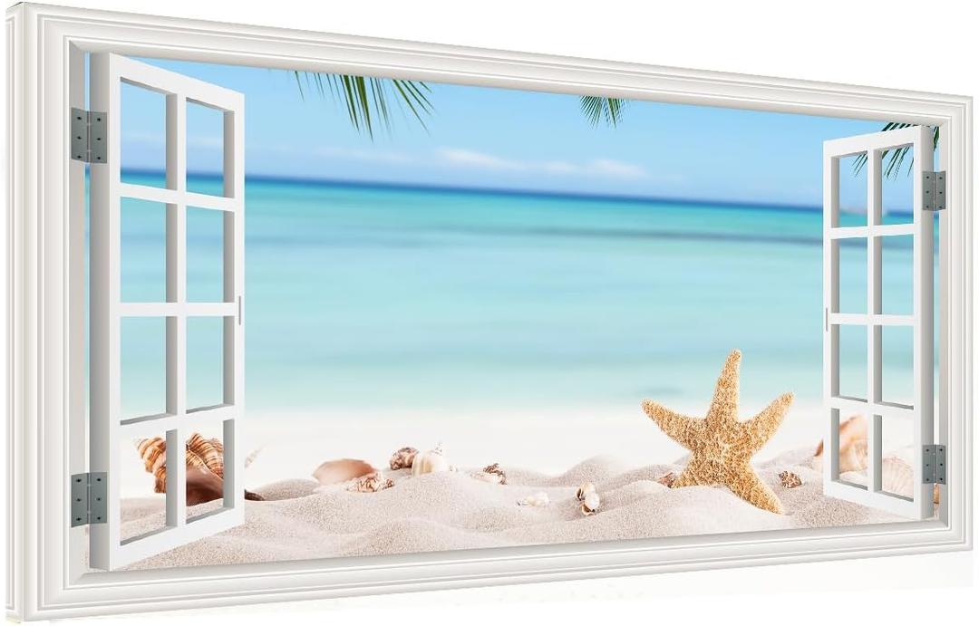 Window View Beach Canvas Wall Art- Nature Landscape Canvas Print Pictures Painting Artwork Framed for Living Room Bedroom Bathrom Offce Decor-20"x40"