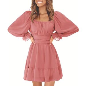 EXLURA Women's 2025 Casual Long Lantern Sleeve Dresses Square Neck Ruffle Tie Back Elastic Waist Aline Short Mini Dress (XS, Brown)