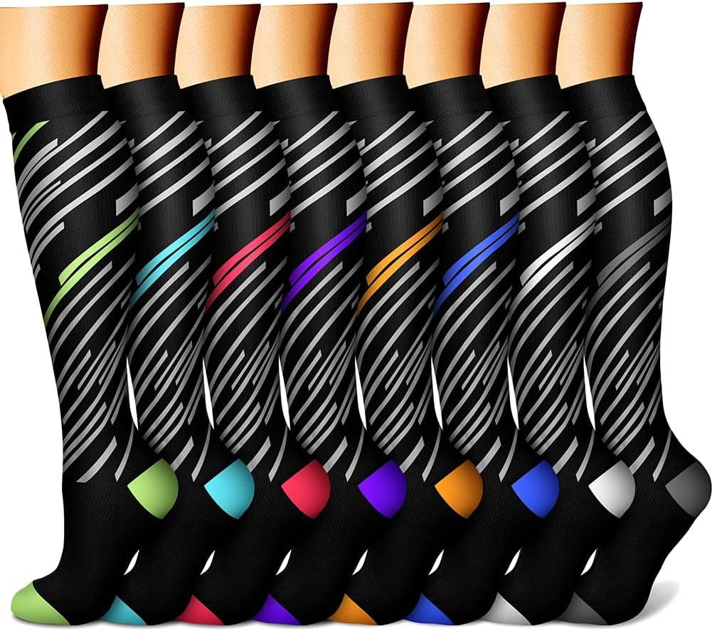 CHARMKING Compression Socks for Women & Men (8 Pairs) 15-20 mmHg Graduated Copper Support Socks are Best for Pregnant, Nurses - Boost Performance, Circulation, Knee High & Wide Calf (S/M, Multi 33)