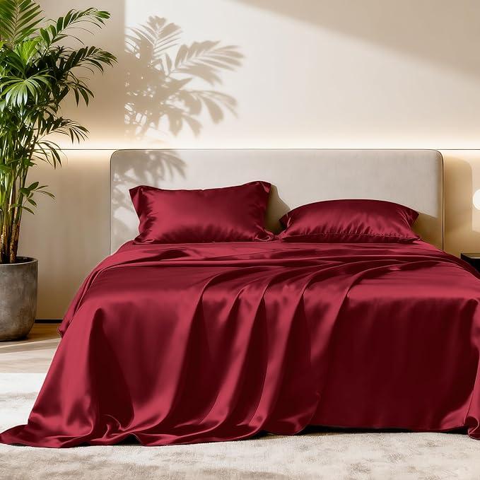 Ersmak 7 Pieces Satin Sheets Set Queen Size, Luxury Silky Red Satin Bed Sheets Set with 1 Deep Pocket Fitted Sheet, 1 Soft Flat Sheet, 4 Queen Pillowcases and 1 Body Pillowcase