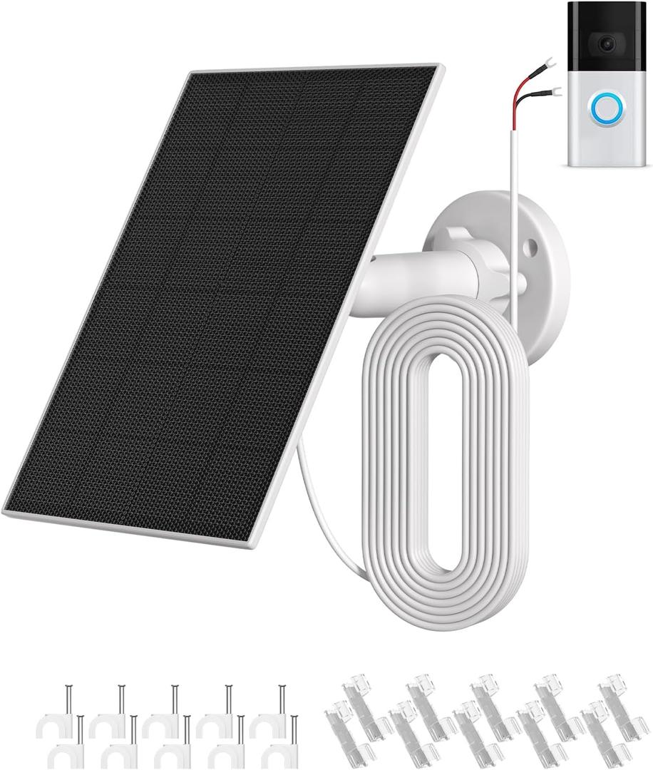 Outdoor Solar Charger for Ring Doorbell Compatible with Plus/Pro/3/3+/4, 4W Weatherproof Solar Panel with Built-in 5200mAh Battery, 13ft Cable & 360 Adjustable Mount for Video Doorbells