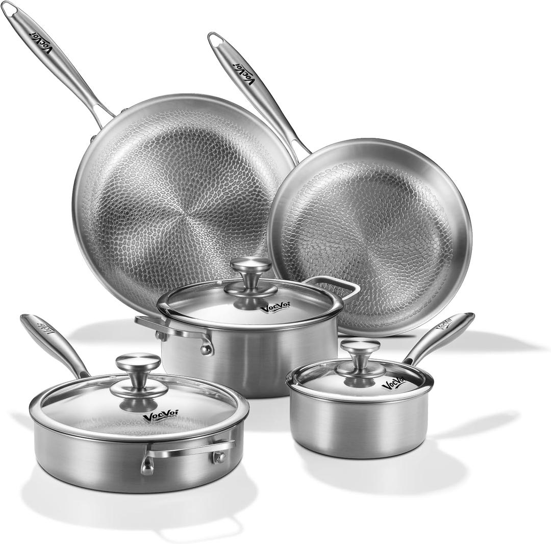 Titanium cookware set,8pc Nonstick pro frying pans for cooking | Uncoated Hammered Pure Titanium, PFOA/PFAS/PTFE Free skillets, Induction & Oven-Safe Fajita Pan, Compatible with All Cooktops