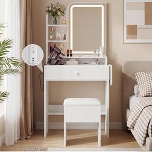 Haewon Small Makeup Vanity Set with Lighted Mirror and Chair, White | Built-In Charging Station, 3 Color Light Modes, Storage Drawer and Shelves, Foldable Top for Bedroom, Compact Space