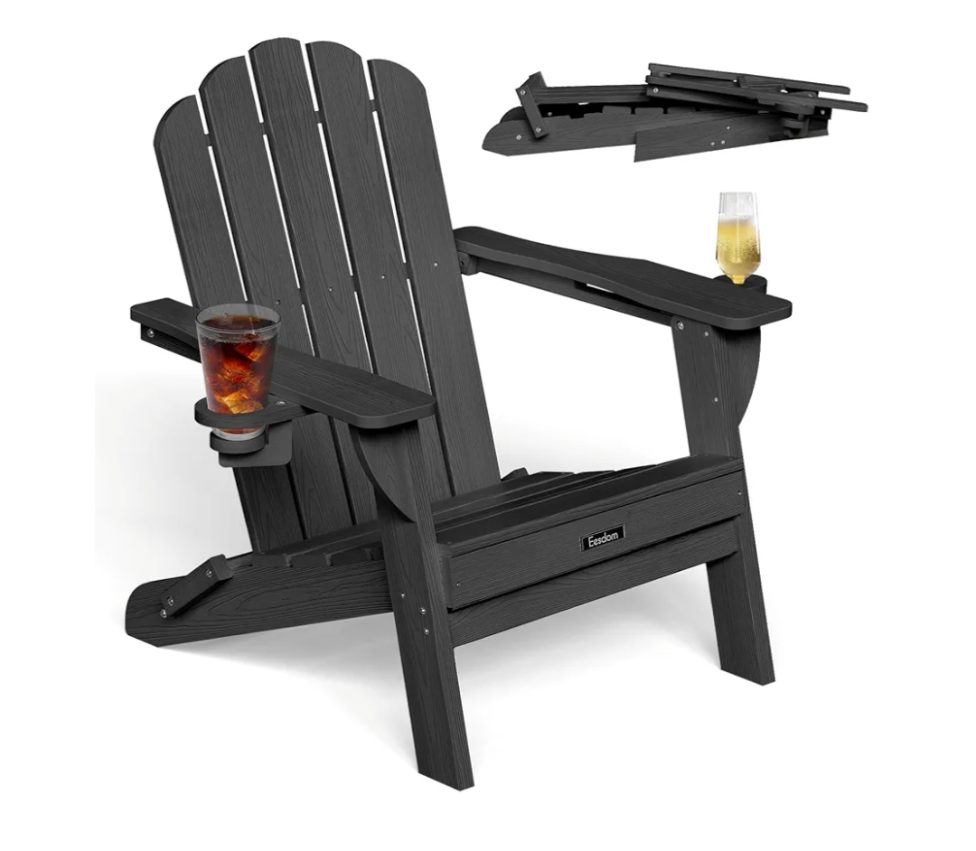 Rengue Folding Adirondack Chair with Retractable Ottoman, Patio Chair with Cup Holder, Wood Texture Fire Pit Chair, Heavy Duty HDPE Weather Resistant for Outdoor Lawn Porch Garden Backyard Deck