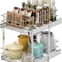 EZKAZA Pull Out Cabinet Organizer for Kitchen Utensil 14.5" W x 21" D, 2-Tier Cabinet Pullout Shelves and Drawer Organizer Slide Out Pantry Storage Basket, Bottom Basket 13.2" W x 20.4" D x 4.7" H