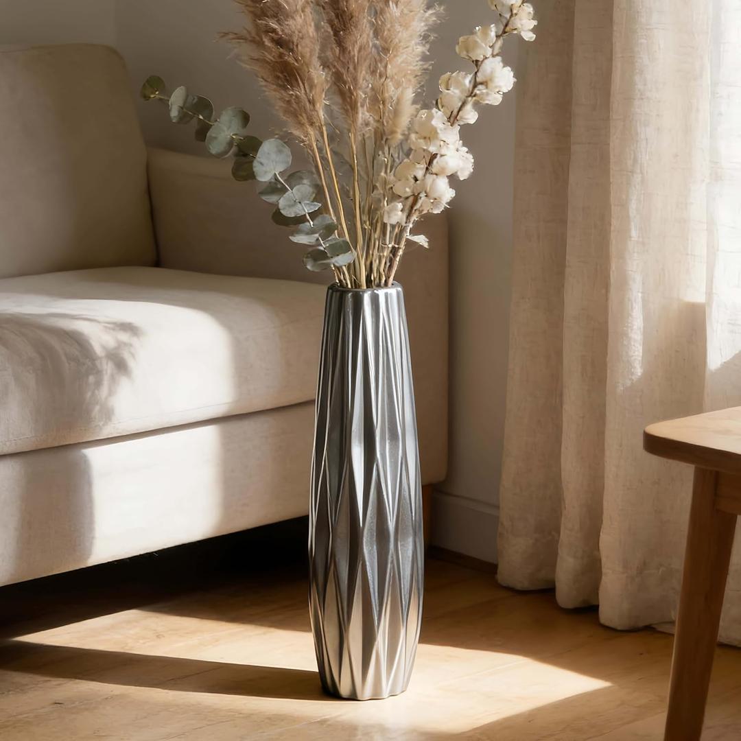 Silvery Ceramic Tall Floor Vase,17.7 Inch Large Modern Flower Vases for Home Dcor,Wicker Big Floor Vases Decorations for Farmhouse, Living Room,Bedroom,Standing Plastic Vase Decorative Tall