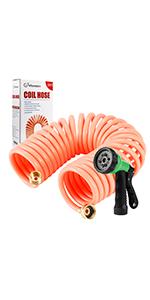 Yereen Garden Hose 25FT EVA Water Hose with 7-Pattern Spray Nozzle,Curly Self Coiling Lightweight Garden Hose,Retractable Drinking Water Safe Garden Coil Hose for Lawn Patio (Pink)
