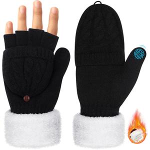 Coume Fingerless Gloves Mitten for Women Knitted Fleece Winter Thick Warm Touch Screen Convertible Flap Half Finger Adult (Black)