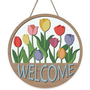 Welcome Spring Tulip Flower Front Door Sign, Farmhouse Floral Wood Plaque Hanger Outdoor Outside Porch Home Decor, Rustic Summer Wooden Wreath Indoor Wall Hanging Decoration