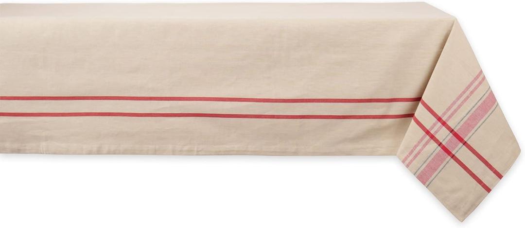 DII French Stripe Dining Table Collection Farmhouse Style Tablecloth, 60x84 Inches, Taupe/Red