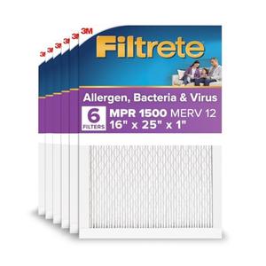 Filtrete 16x25x1 AC Furnace Air Filter, MERV 12, MPR 1500, CERTIFIED asthma & allergy friendly, 3 Month Pleated 1-Inch Electrostatic Air Cleaning Filter, 6-Pack (Actual Size 15.69x24.69x0.78 in)