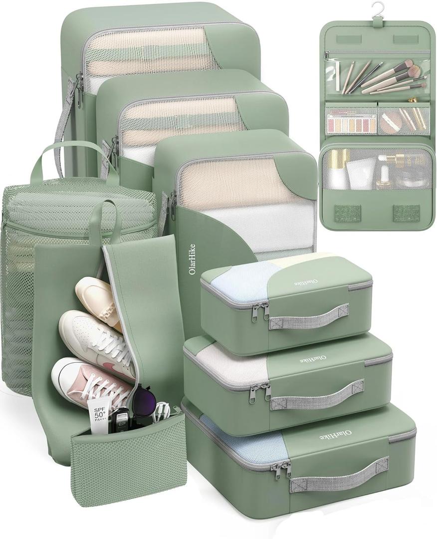 10 Set Packing Cubes for Travel, Gifts for Women Mom,Anti-Tearing Suitcase Organizer for Luggage with Shoe & Hanging Toiletry Bag,OlarHike Vacation Essentials & Accessories for Cruise Ship (06 Matcha Green)