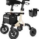 MAXWALK Walkers for Seniors, Rollator Walker with Seat, 10" Rubber Wheels All Terrain Rollator Walker with Backrest, Aluminum Walkers Built-in Cable, Foldable and Adjustable Height for Seniors, Beige
