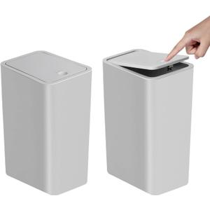 TIPGO Bathroom Trash Can with Lid, 10 Liter/ 2.6 Gallon Slim Garbage Can, Small Trash Bin Waste Basket with Pop-Up Lid for Kitchen, Bedroom, Living Room, Office (2 Pack, Grey)