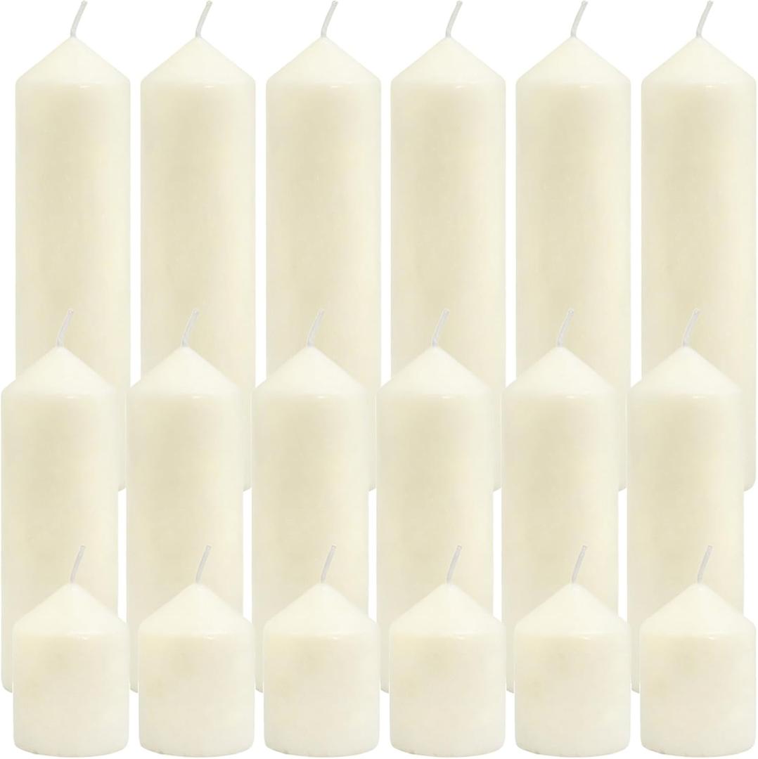 Pillar Candles Bulk Set - Unscented, Smokeless, Dripless | 3 Sizes: 2x3, 2x6, 2x8 Inches | Ideal for Weddings, Christmas & Home Decor (18, Ivory White)
