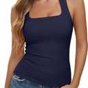 REORIA Built in Bra Tank Tops for Women Summer Sleeveless Racerback Square Neck Casual Basic Ribbed Tops 2026 (Blue, M)