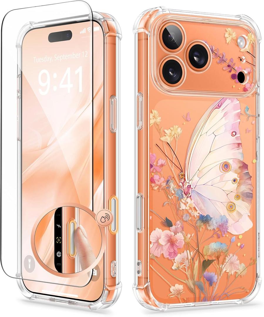 GVIEWIN for iPhone 17 Pro Max Case with Screen Protector, Upgraded [Full Camera Protection] [Non Yellowing] Floral Slim Shockproof Clear Women Phone Cover for iPhone 17 Pro Max 6.9"(Strelitzia/Orange)