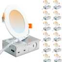DLLT LED Recessed Ceiling Lights: 12 Pack 4 Inch 5CCT Ultra-Thin Lighting with Junction Box for Bedroom - 900LM Brightness 9W Eqv 90W Dimmable Canless Wafer Downlight with ETL&FCC