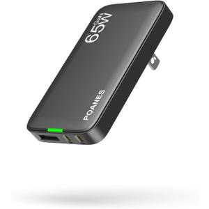 65W Flat USB Wall Charger, 3 Port USB Wall Charger with Type C and A, Ultra-Slim GaN Block PD3.0&PPS, Foldable Plug for Travel for iPhone 15, Samsung, Tablets and More