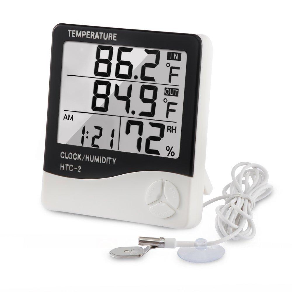 Digital Thermometer Hygrometer Indoor Outdoor Temperature Meter Humidity Monitor with LCD Alarm Clock, 1M Probe Cord Temperature Humidity Gauge for Bedroom Greenhouse Garage Warehouse,Fahrenheit or Ce