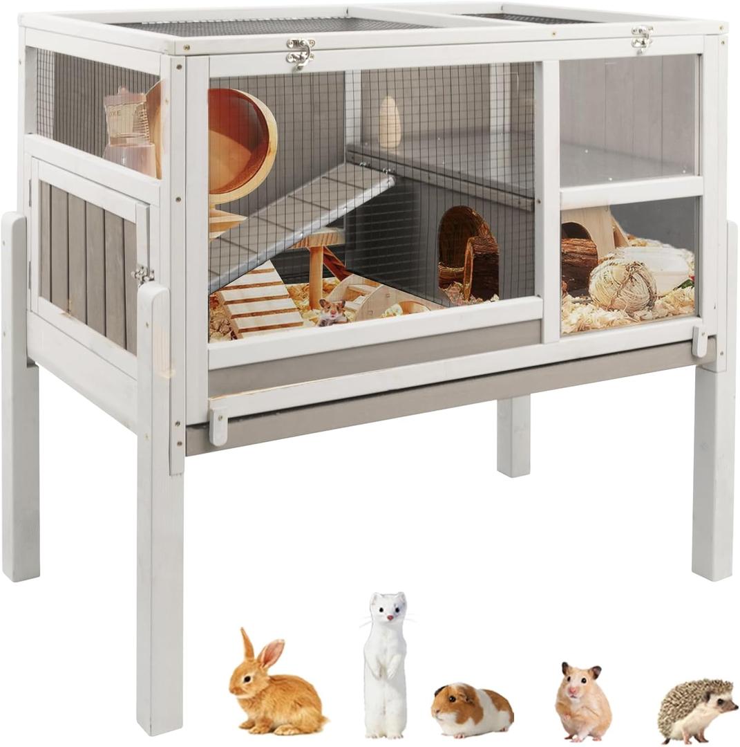 Ketive Guinea Pig Cages Indoor, Wooden Guinea Pig Cages with Stand, Rabbit Cage Hutch with Ramp and Hideout, Small Animals Cage Habitat with Not Leakage Pull Out Tray
