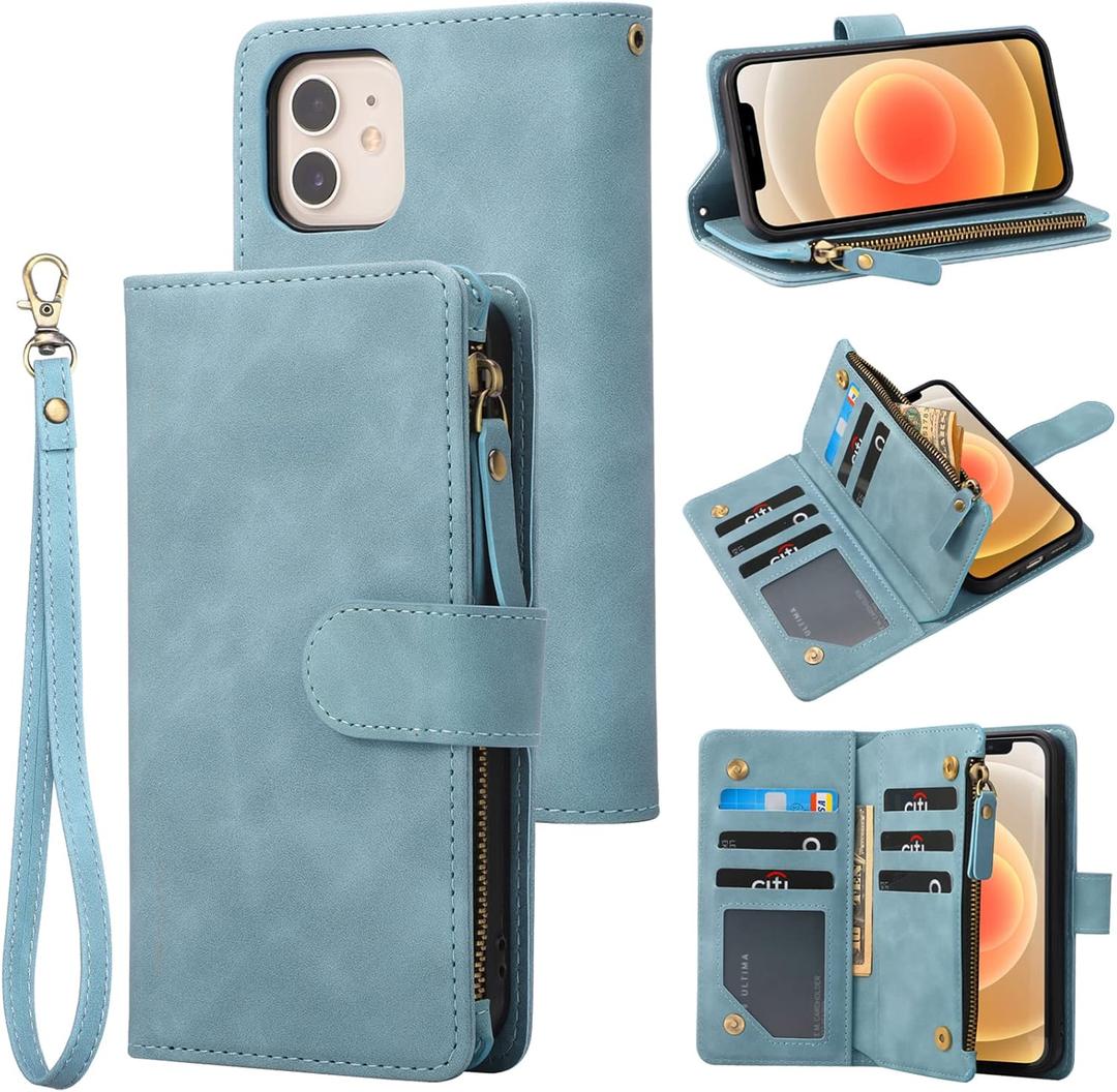 RANYOK Wallet Case Compatible with iPhone 12/12 Pro (6.1 inch), Premium PU Leather Zipper Flip RFID Blocking Wallet with Wrist Strap Magnetic Closure Built-in Kickstand Protective Case - Baby Blue