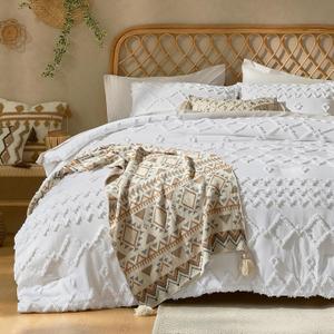 Tufted Boho King Size Comforter Set, 3 Pieces White Boho Bed Set, Farmhouse Shabby Chic Embroidery Bedding for All Seasons, Soft Jacquard King Bedding Set with Comforter  2 Pillow Shams