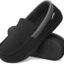 HomeTop Men's Comfort Memory Foam Moccasin Slippers, Breathable Cotton Knit Terry Cloth House Shoes for Indoor Outdoor (9 D(M) US, Black)